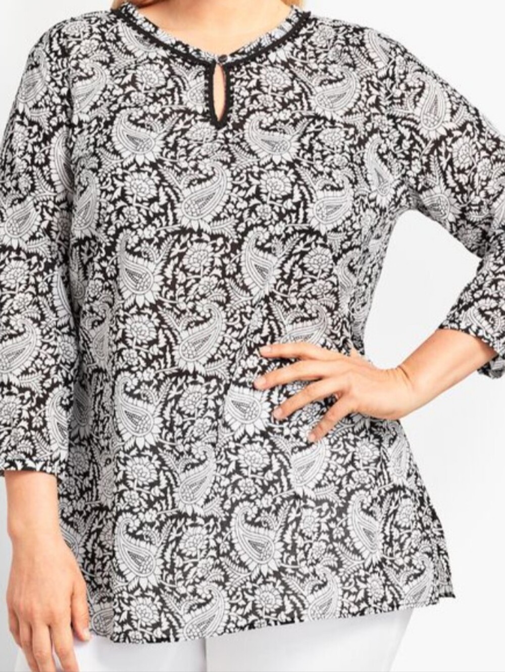 Talbots Paisley Popover Top Black White Cotton Costal Casual Lightweight Sz 1XP